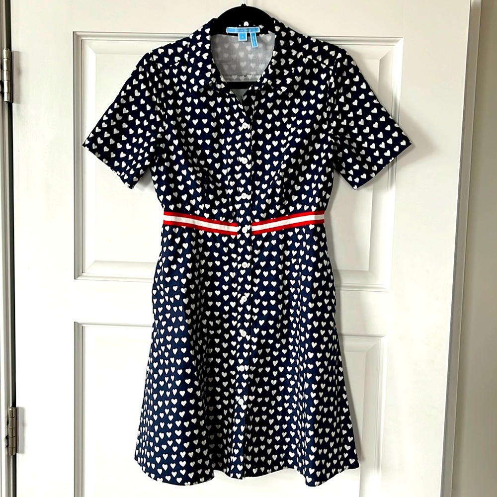 Draper James Navy Heart Print Shirt Dress with Red Stripe Belt